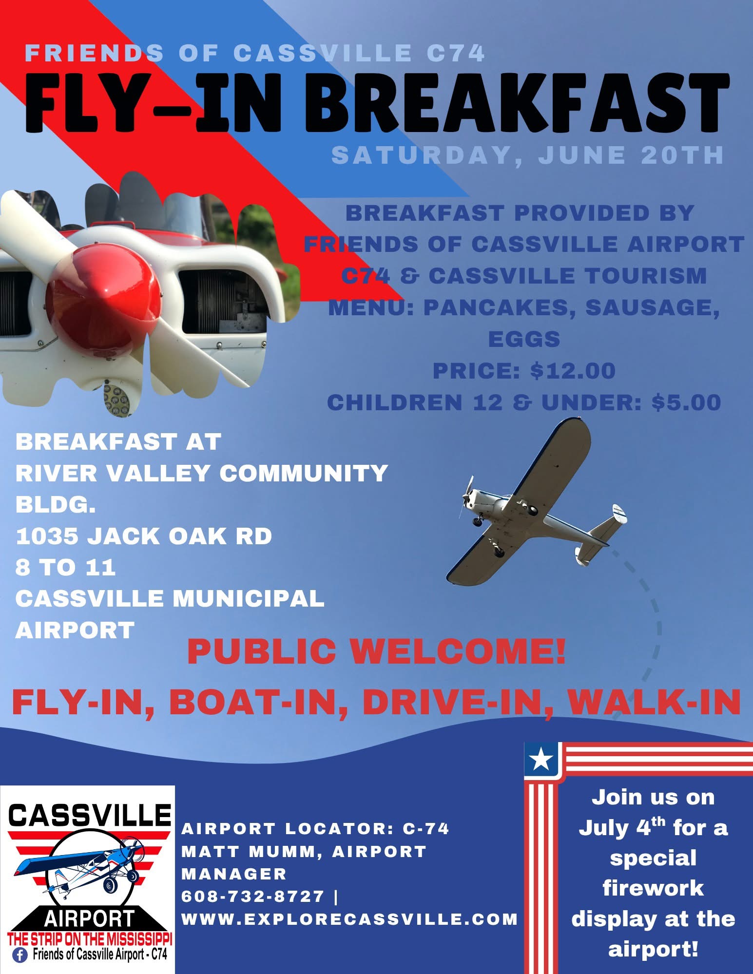 Fly-In Breakfast at Cassville Municipal Airport (C74) Cassville Wisconsin, June 2026