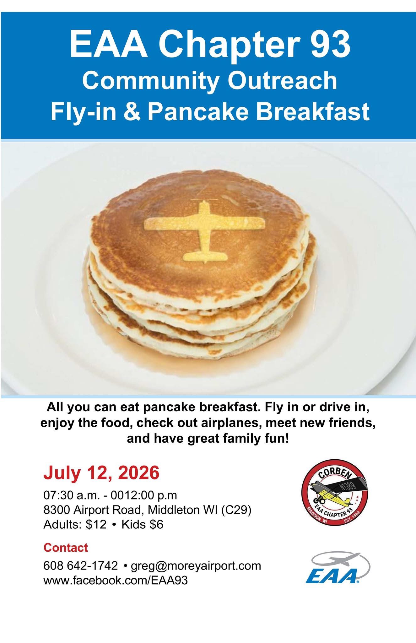 EAA Chapter 93 Fly-in and Pancake Breakfast at Morey Airport (C29) Middleton Wisconsin, July 2026