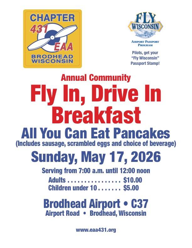 All You Can Eat Pancake Breakfast Fly-In at Brodhead Airport (C37) Wisconsin, May 2026